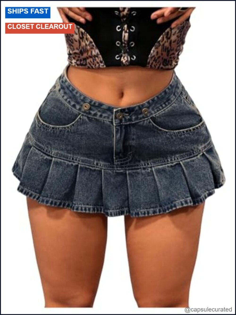 Women's Pleated Denim Mini Skirt Y2K Low Rise with Pockets Western Cowgirl